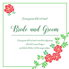 Lettering of bride and groom, with texture of green leafy flower frame. Vector