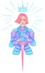 .Portrait of beautiful girl with a sword. Female knight in armour. Vector illustration. Medieval aesthetics. Girl power. Joan of Arc inspired. Sticker, patch, t-shirt design.