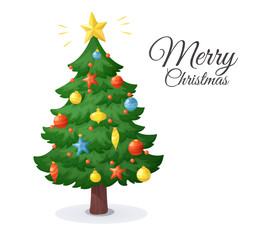 Merry Christmas card. Cartoon Christmas tree isolated on white background. Decorations with stars, balls and garlands