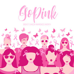 Banner Illustration of breast cancer for october awareness month. Icon with girls, go pink.