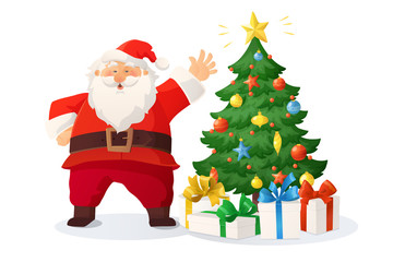 Cartoon vector illustration of Santa Claus and decorated Christmas tree with presents isolated on white