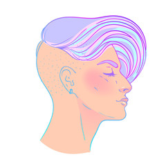 Portrait of a young pretty woman with side shaved hair. Vector illustration isolated. Hand drawn art of a boyish looking girl. Modern street subculture haircut for woman.