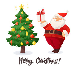 Merry Christmas card. Cartoon vector illustration of Santa Claus with a present. Decorated Christmas tree.