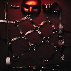 Whip, handcuffs, mask, BDSM belt, choker and anal plug for sex with submission and domination