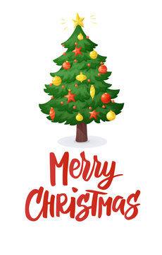 Merry Christmas card. Cartoon Christmas tree isolated on white background. Decorations with stars, balls and garlands
