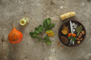 Happy Thanksgiving Day background, wooden table decorated with pumpkins