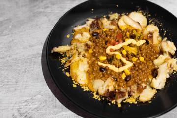 lentils and potatoes dish with mixed veggies