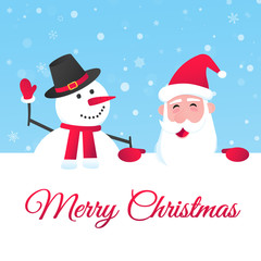 Santa Claus and snowman flat style design vector illustration postcard.