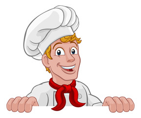 A chef cook or baker cartoon character mascot peeking over a sign