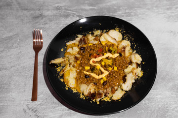 lentils and potatoes dish with mixed veggies