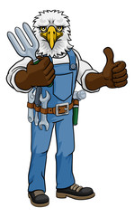 An eagle gardener cartoon gardening animal mascot holding a garden fork tool and giving a thumbs up