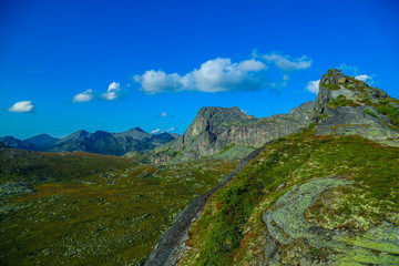 mountain view with rocks and blue sky