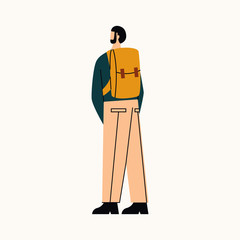 Man go on trip. Man standing backwards and looking at something with backpack. Flat vector illustration