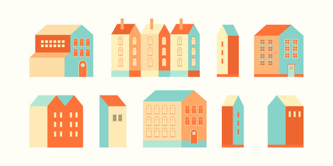 Set houses, buildings and architectural variations in a flat geometric style in vector. The concept of modern urban architecture. Various modern designs. Icons on the theme city, village,