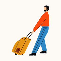 Man go on trip. Man pulling heavy trolley bag or suitcase. Flat vector illustration