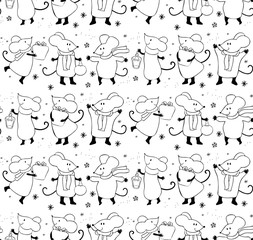 Seamless pattern of cute cartoon mouse in vector. Chinese symbol 2020 new year. Background New year and Christmas. Hand-drawn black and white line.