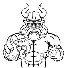 A Viking or gladiator warrior gamer mascot with video games controller