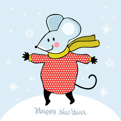 Cute cartoon mouse in vector. Funny and happy mouse plays and dances under the falling snow. Hand drawn text Happy New year. Chinese symbol 2020 new year. Christmas and New year card or banner.
