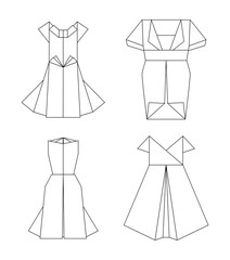 Set of contour paper various origami dresses. Black and white line art clothing. The object is separate from the background. Vector element for articles, banners and your creativity.