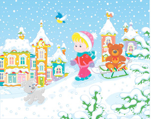 Little girl walking with her sledge and a toy bear on a snow-covered playground in a winter park of a small town, vector illustration in a cartoon style