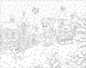 Little girl walking with her sledge and a toy bear on a snow-covered playground in a winter park of a small town, black and white vector illustration in a cartoon style for a coloring book