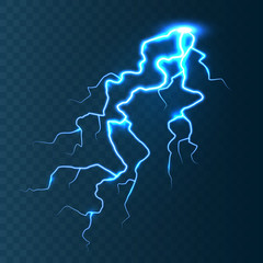 Realistic lightning on blue transparent background. Thunderstorm and lightning bolt. Sparks of light. Stormy weather effect. Vector illustration.