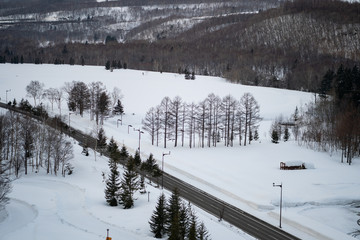 Winter snow mountain forest with road landscape.