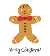 Vector gingerbread man with red bow isolated on white background. Cute funny illustration of new year symbol. Christmas flat style picture for decorations or design..