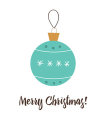 Vector blue decorated Christmas ball isolated on white background. Cute funny illustration of new year symbol. Christmas flat style picture for decorations or design..