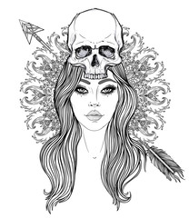 Shaman woman with a long hair and  human skull on her head. Vector  illustration with mandala background. Scary design for tattoo, hipster t-shirt design,