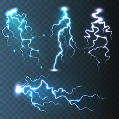 Realistic lightning collection on blue transparent background. Thunderstorm and lightning bolt. Sparks of light. Stormy weather effect. Vector illustration.