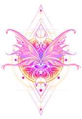 Rainbow colors butterfly over sacred geometry sign, isolated vector illustration. Tattoo sketch. Mystical symbols and insects. Alchemy, occultism, spirituality.