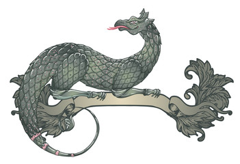 Fantasy creature dragon. Medieval Heraldic coat of arms crest shield emblem - Vector illustration for sticker, poster, banner, web, t-shirt print, pin, bag print, badge
