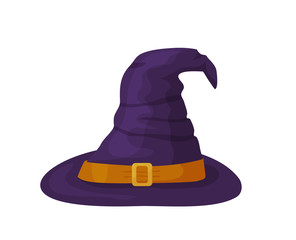 Old purple witch hat with orange belt and buckle. Vector icon of wizard hat isolated on white background. Design element for Halloween