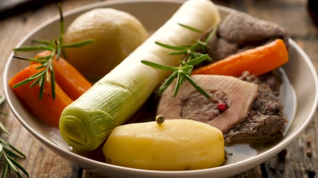 pot au feu, beef stew with broth and vegetable
