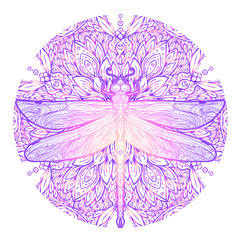 Dragonfly over sacred geometry sign, isolated vector illustration. Tattoo sketch. Mystical symbols and insects. Alchemy, occultism, spirituality, coloring book.