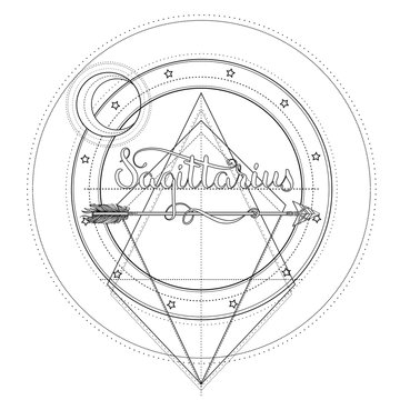 Blackwork tattoo flash. Sacred geometry, arrow and moon. Highly detailed vector illustration isolated on white. Mystic symbol. New school dotwork. Boho design.