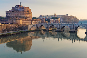 Rome, Italy, February 20, 2017 - view of Rome, Saint Angel Castle, Italy. Tiber River with bridges...