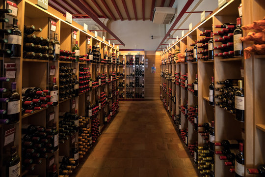 Interior of a wine shop in Saint Emilion in France. St Emilion is one of the principal red wine areas of Bordeaux and very popular tourist destination.