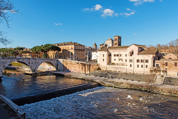 Rome, Italy, February 20, 2017 - view of Rome, Italy. Tiber River with bridges in Rome. Beautiful scenic panorama of Rome city.