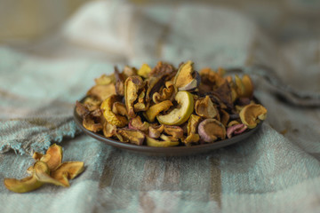healthy food: dry apples on a plate