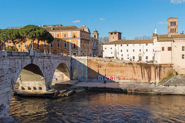 Obraz premium Rome, Italy, February 20, 2017 - view of Rome, Italy. Tiber River with bridges in Rome. Beautiful scenic panorama of Rome city.
