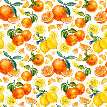 Watercolor Orange, Lemon, Mandarin. Watercolor botanical illustration. Citrus fruit. Seamless pattern
