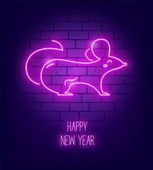 Cute glowing contour rat on a brick wall. Vector illustration in neon style.