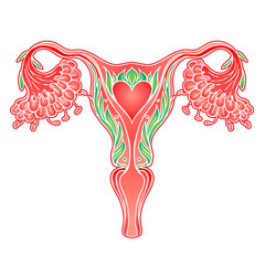 Decorative drawing of female reproductive system with flowers. Hand drawn uterus, womb. Girl power, feminism. Vector illustration isolated on white.