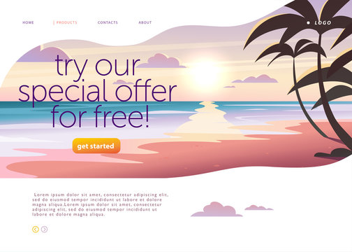 Vector landing page design template with beautiful flat sunset seacoast with palm trees landscape illustration. Special offer, vacation discount banner concept. For travel agency, touristic firm.