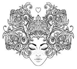 Tribal Fusion Boho Diva. Beautiful Asian divine girl with ornate crown, kokoshnik inspired. Bohemian goddess. Hand drawn elegant illustration. Lotus flower, ethnic art