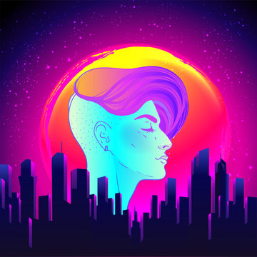 Portrait of a young pretty androgynous woman with short shaved pixie undercut in retro futurism style. Vector illustration in neon bright colors. futuristic synth wave flyer template.