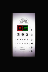 Optical cabinet eye test of doctor. eye vision test on LCD screen. Tumbling E Eye Chart. copy space