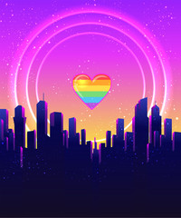 Fototapeta premium Retro Futurism. Vector futuristic synth wave illustration. 80s Retro poster Background with Night City Skyline. Rave party Flyer design template